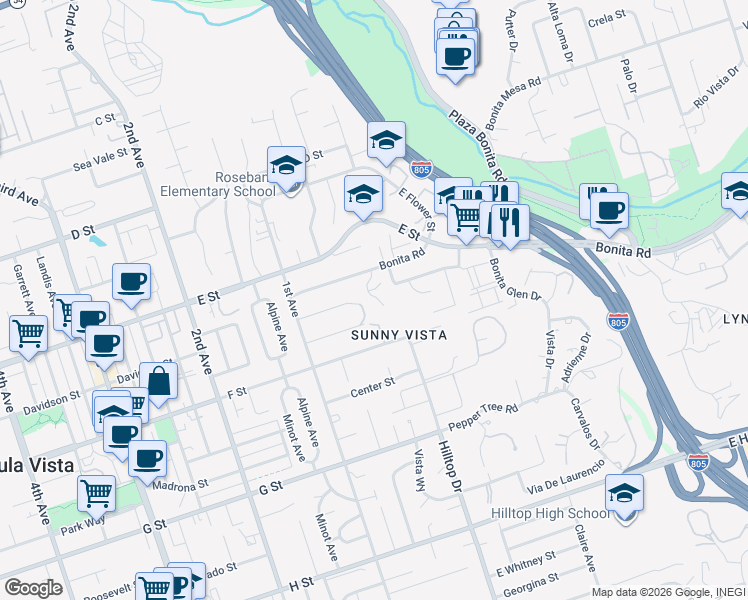 map of restaurants, bars, coffee shops, grocery stores, and more near 254 Rogan Road in Chula Vista