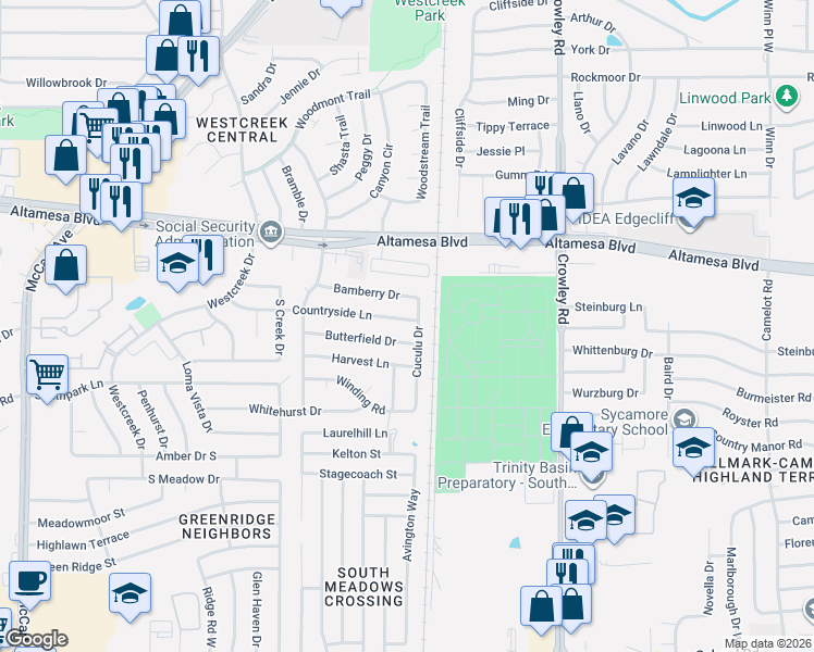 map of restaurants, bars, coffee shops, grocery stores, and more near 2505 Countryside Lane in Fort Worth