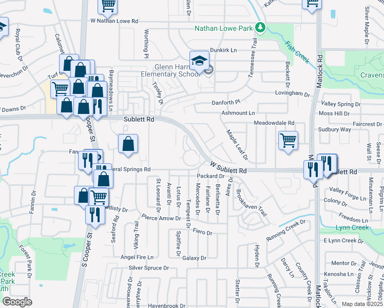 map of restaurants, bars, coffee shops, grocery stores, and more near 907 Fence Line Road in Arlington
