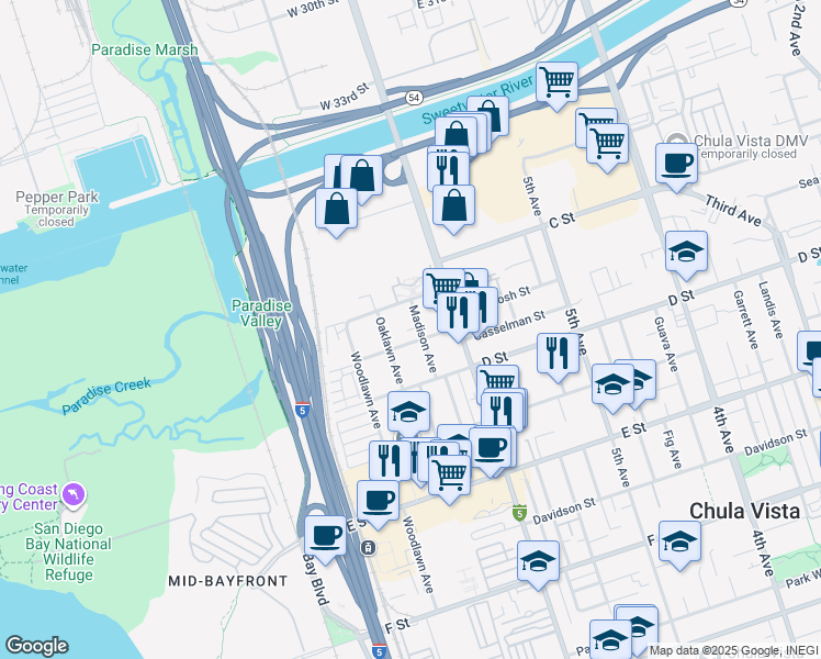 map of restaurants, bars, coffee shops, grocery stores, and more near 46 Madison Avenue in Chula Vista