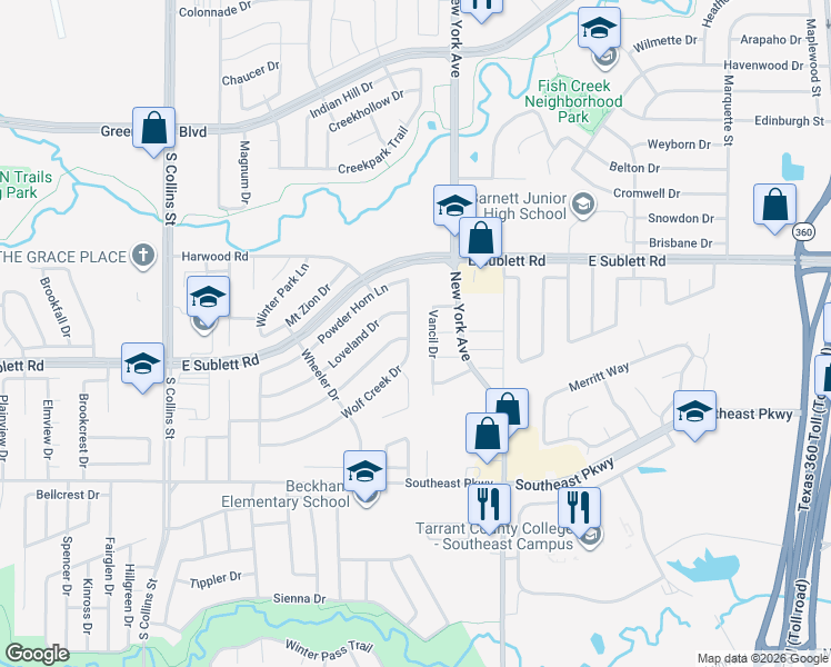 map of restaurants, bars, coffee shops, grocery stores, and more near 1714 Wolf Creek Drive in Arlington