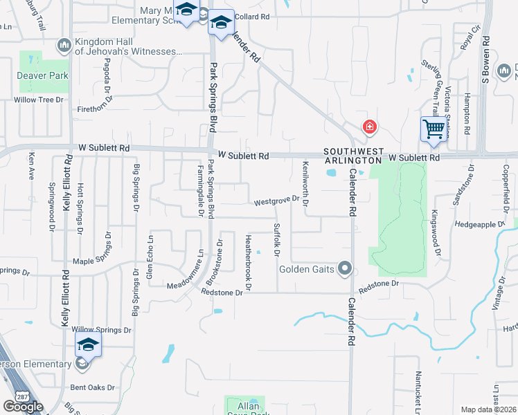 map of restaurants, bars, coffee shops, grocery stores, and more near 3510 Westgrove Drive in Arlington