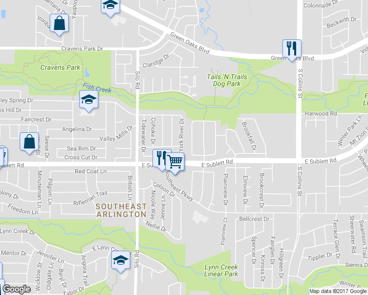 map of restaurants, bars, coffee shops, grocery stores, and more near 6115 York River Drive in Arlington