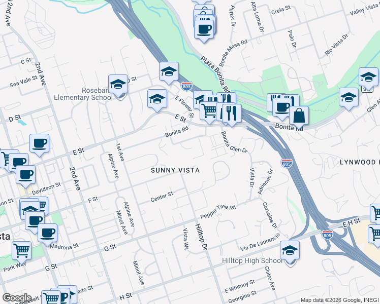map of restaurants, bars, coffee shops, grocery stores, and more near 262 Coralwood Court in Chula Vista