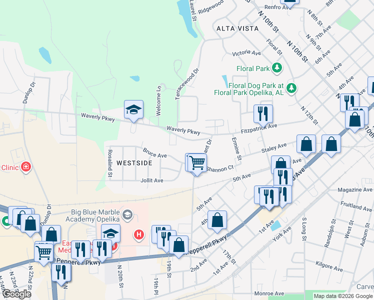 map of restaurants, bars, coffee shops, grocery stores, and more near 1513 Fitzpatrick Avenue in Opelika
