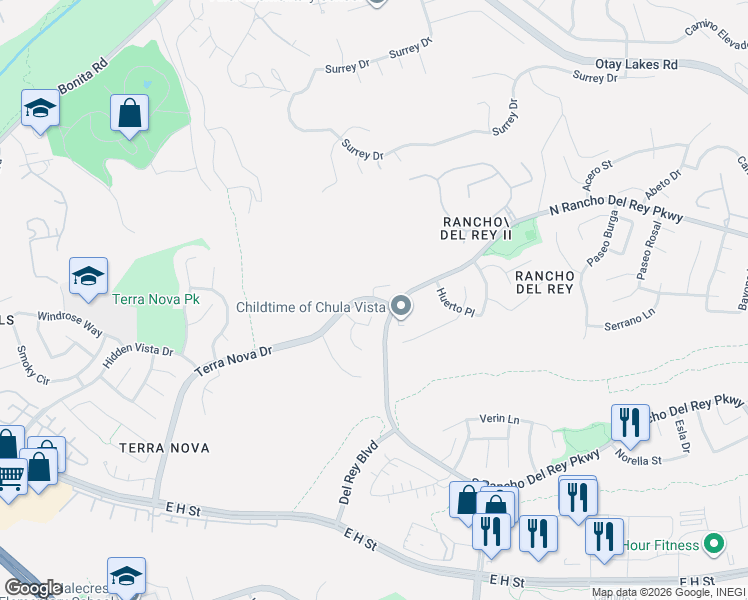 map of restaurants, bars, coffee shops, grocery stores, and more near Terra Nova Dr & Montera Ct in Chula Vista