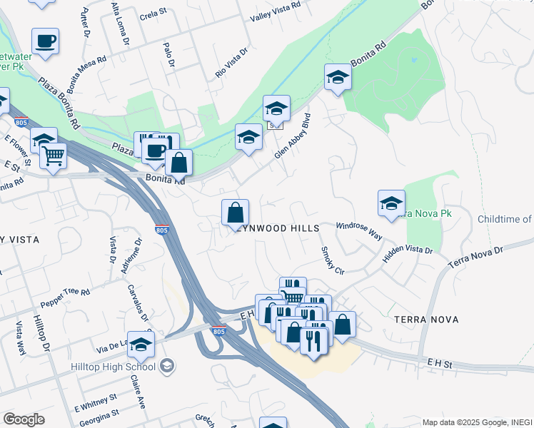 map of restaurants, bars, coffee shops, grocery stores, and more near 3253 Holly Way in Chula Vista