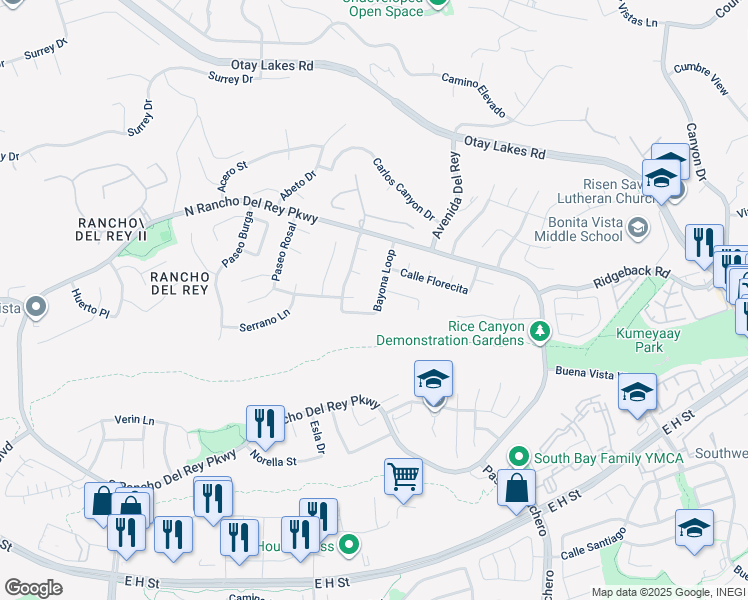 map of restaurants, bars, coffee shops, grocery stores, and more near 555 Bayona Loop in Chula Vista