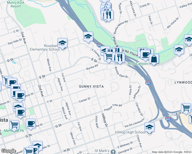 map of restaurants, bars, coffee shops, grocery stores, and more near 262 Coralwood Court in Chula Vista