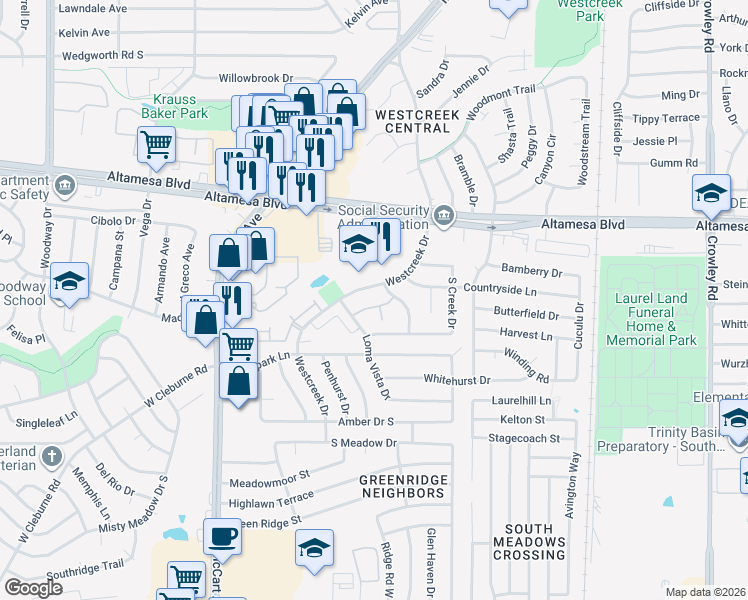 map of restaurants, bars, coffee shops, grocery stores, and more near 2812 Ridgecrest Drive in Fort Worth