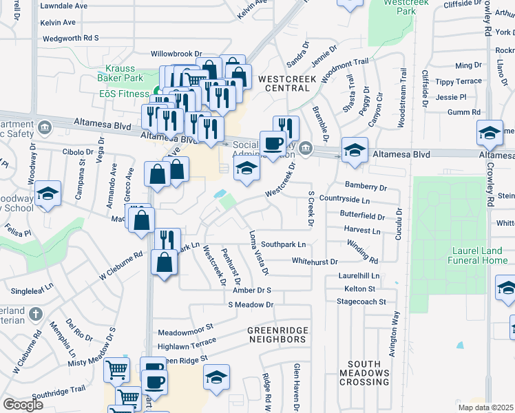 map of restaurants, bars, coffee shops, grocery stores, and more near 2814 Ridgecrest Drive in Fort Worth