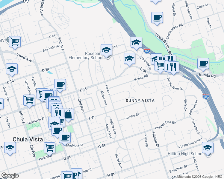 map of restaurants, bars, coffee shops, grocery stores, and more near 82 Bonita Road in Chula Vista