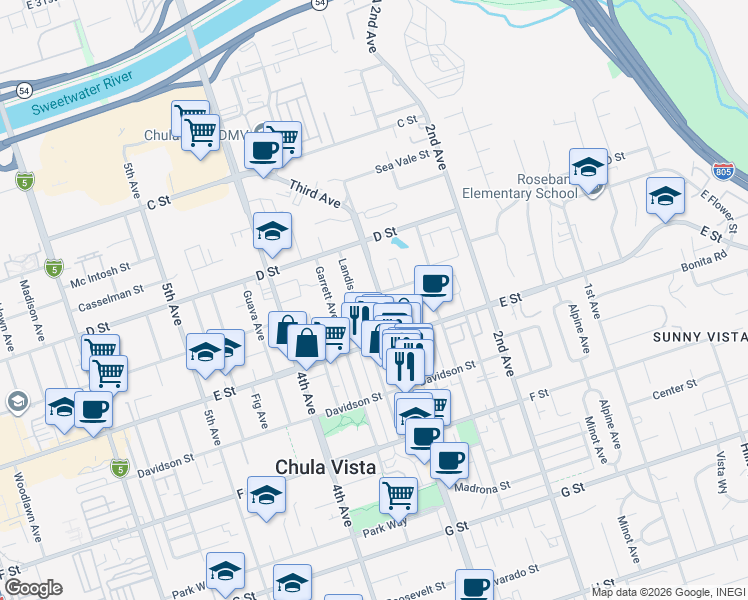 map of restaurants, bars, coffee shops, grocery stores, and more near 155 Landis Avenue in Chula Vista
