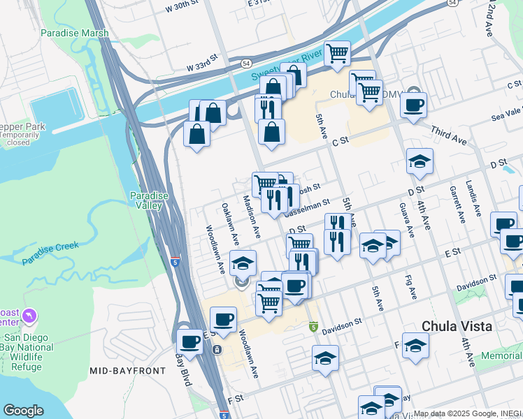 map of restaurants, bars, coffee shops, grocery stores, and more near in Chula Vista