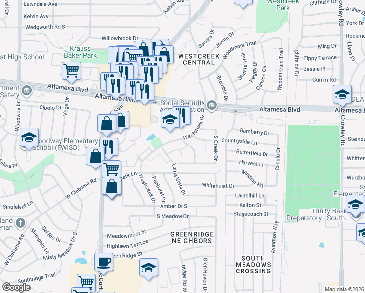 map of restaurants, bars, coffee shops, grocery stores, and more near 6714 Glenbrook Lane in Fort Worth