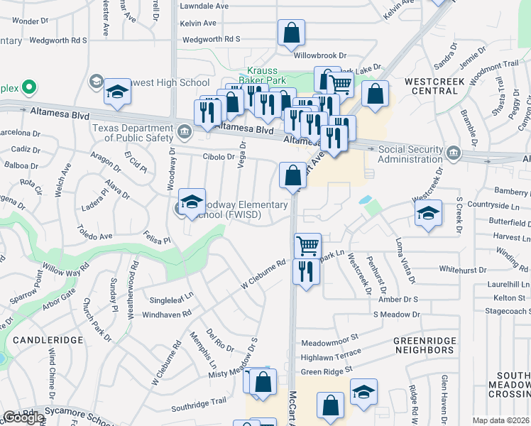 map of restaurants, bars, coffee shops, grocery stores, and more near 6637 El Greco Avenue in Fort Worth
