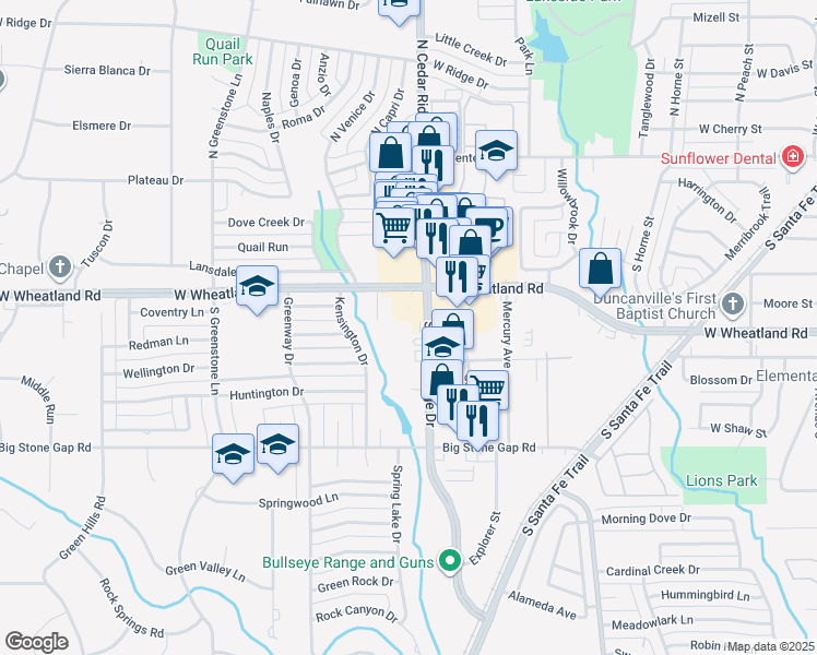 map of restaurants, bars, coffee shops, grocery stores, and more near 724 South Cedar Ridge Drive in Duncanville