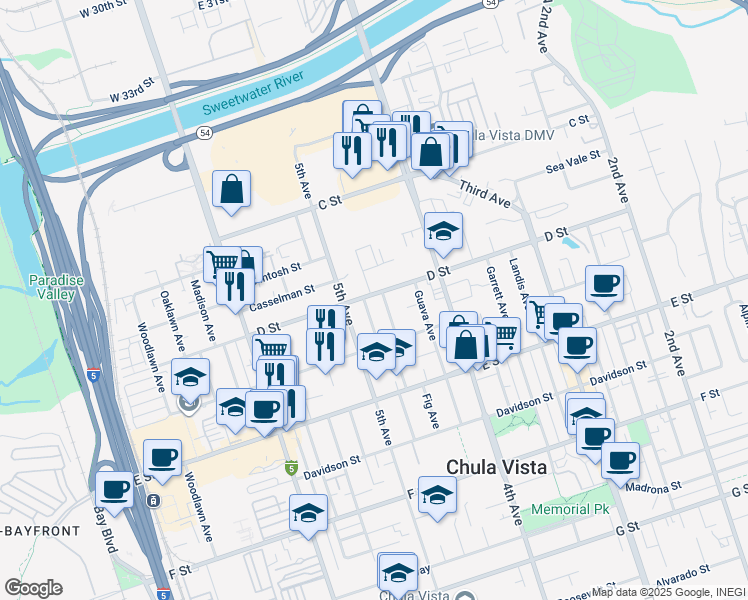 map of restaurants, bars, coffee shops, grocery stores, and more near 470 D Street in Chula Vista