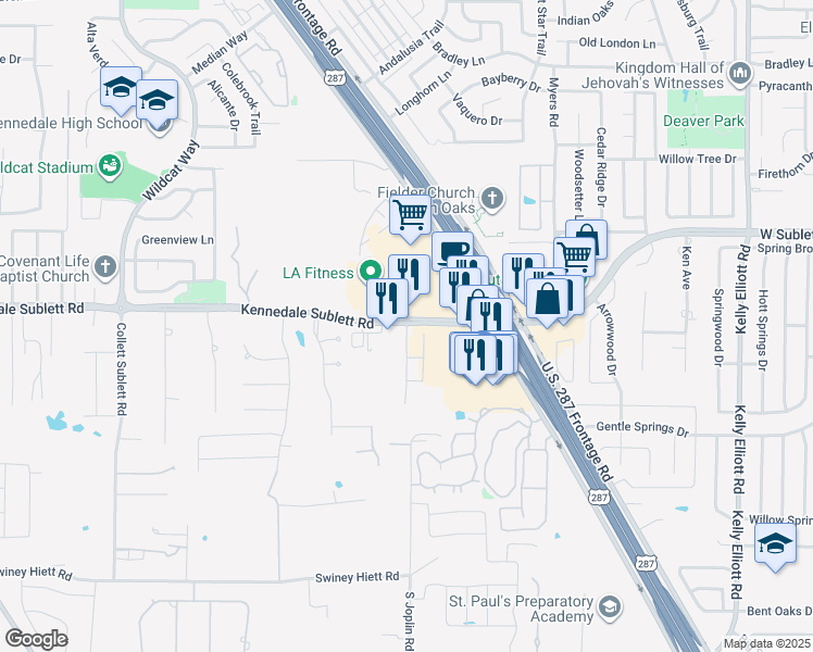 map of restaurants, bars, coffee shops, grocery stores, and more near 5306 Sublett Road in Kennedale