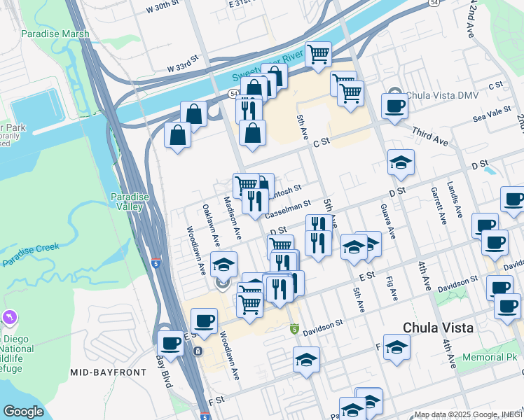 map of restaurants, bars, coffee shops, grocery stores, and more near 71 Broadway in Chula Vista
