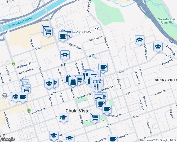 map of restaurants, bars, coffee shops, grocery stores, and more near 156 3rd Avenue in Chula Vista