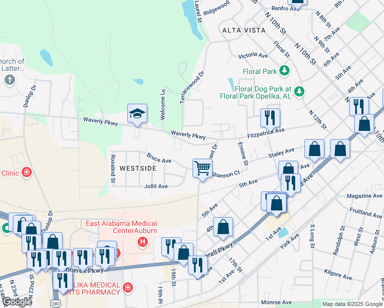 map of restaurants, bars, coffee shops, grocery stores, and more near 1515 Fitzpatrick Avenue in Opelika