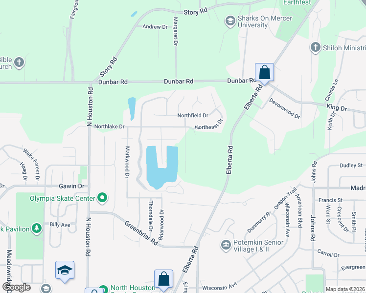 map of restaurants, bars, coffee shops, grocery stores, and more near 100 Northeast Drive in Warner Robins