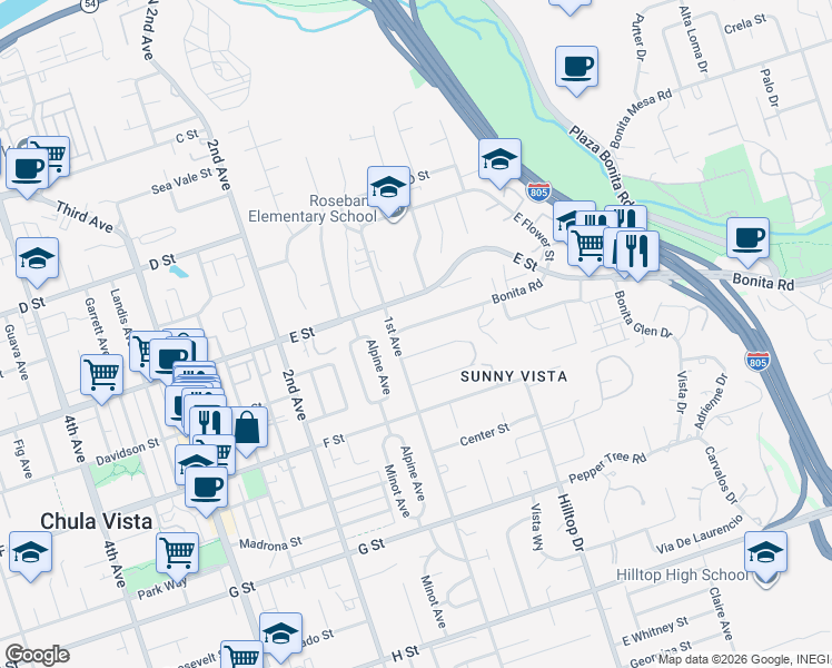 map of restaurants, bars, coffee shops, grocery stores, and more near 82 Bonita Road in Chula Vista