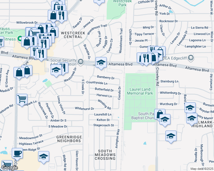 map of restaurants, bars, coffee shops, grocery stores, and more near 2525 Countryside Lane in Fort Worth