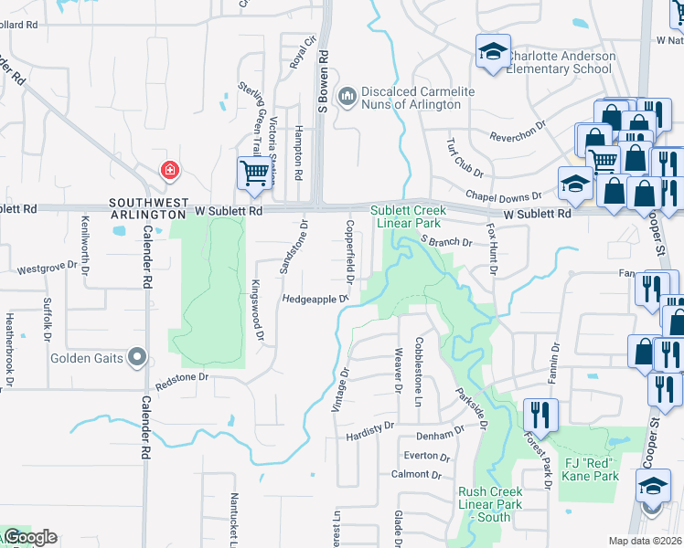 map of restaurants, bars, coffee shops, grocery stores, and more near 2405 Green Willow Court in Arlington