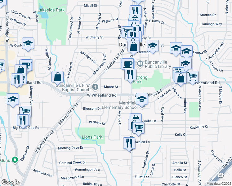 map of restaurants, bars, coffee shops, grocery stores, and more near 211 W Wheatland Rd in Duncanville