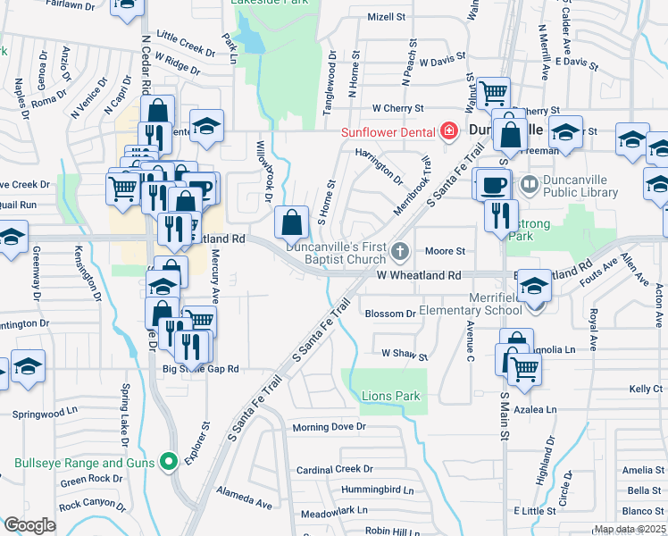 map of restaurants, bars, coffee shops, grocery stores, and more near 433 West Wheatland Road in Duncanville