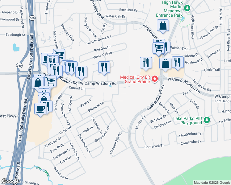 map of restaurants, bars, coffee shops, grocery stores, and more near 2732 Eastland Drive in Grand Prairie