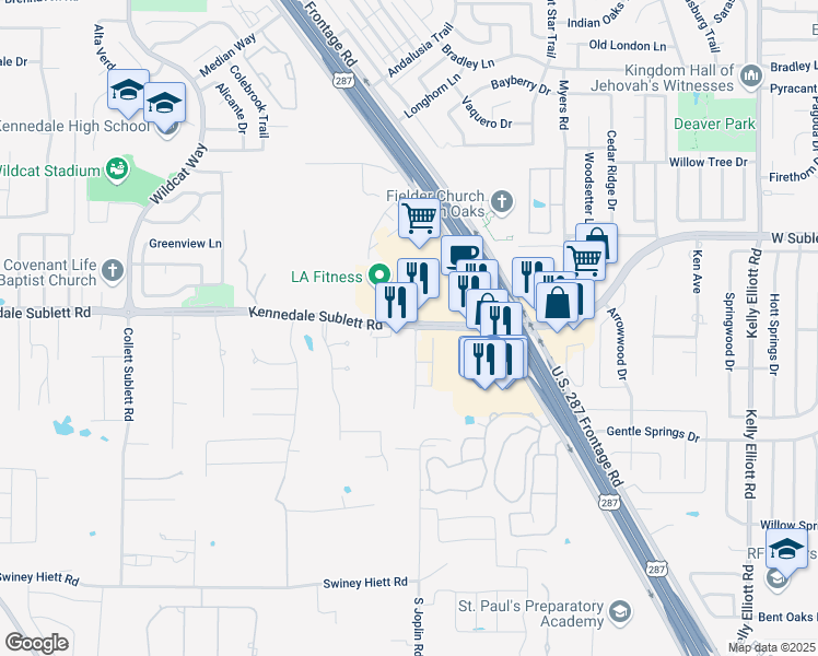 map of restaurants, bars, coffee shops, grocery stores, and more near 5306 Sublett Road in Kennedale