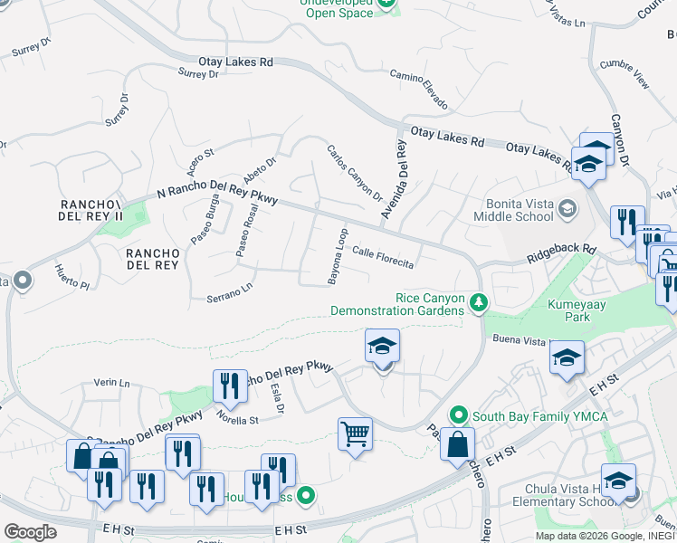 map of restaurants, bars, coffee shops, grocery stores, and more near 555 Bayona Loop in Chula Vista
