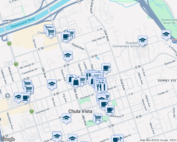 map of restaurants, bars, coffee shops, grocery stores, and more near 155 Landis Avenue in Chula Vista