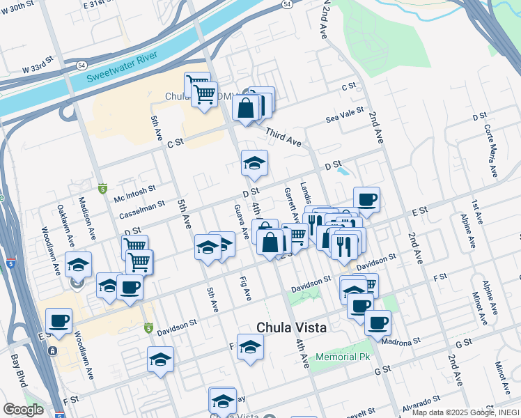 map of restaurants, bars, coffee shops, grocery stores, and more near 135 4th Avenue in Chula Vista