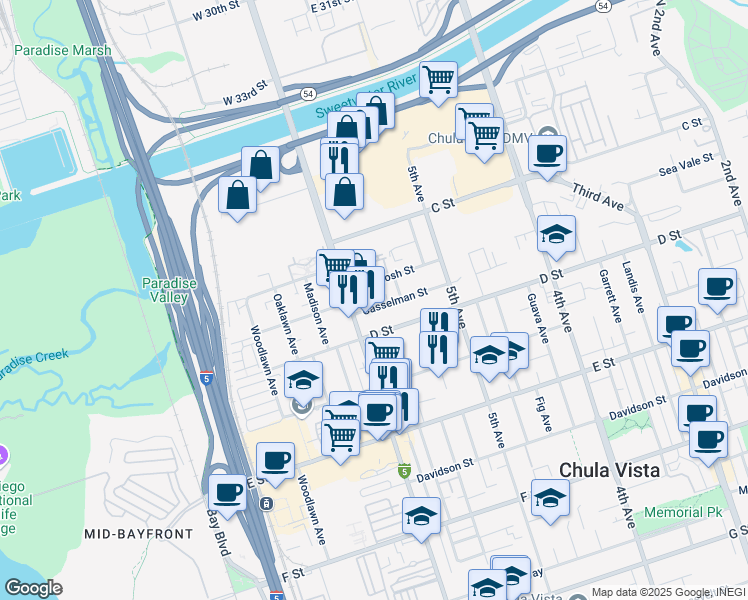 map of restaurants, bars, coffee shops, grocery stores, and more near 583 Casselman Street in Chula Vista