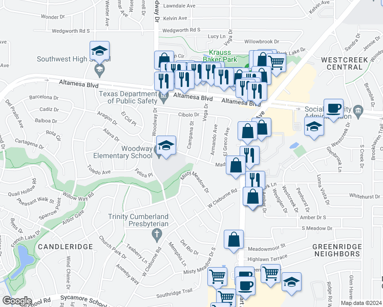 map of restaurants, bars, coffee shops, grocery stores, and more near 3713 Madrid Drive in Fort Worth