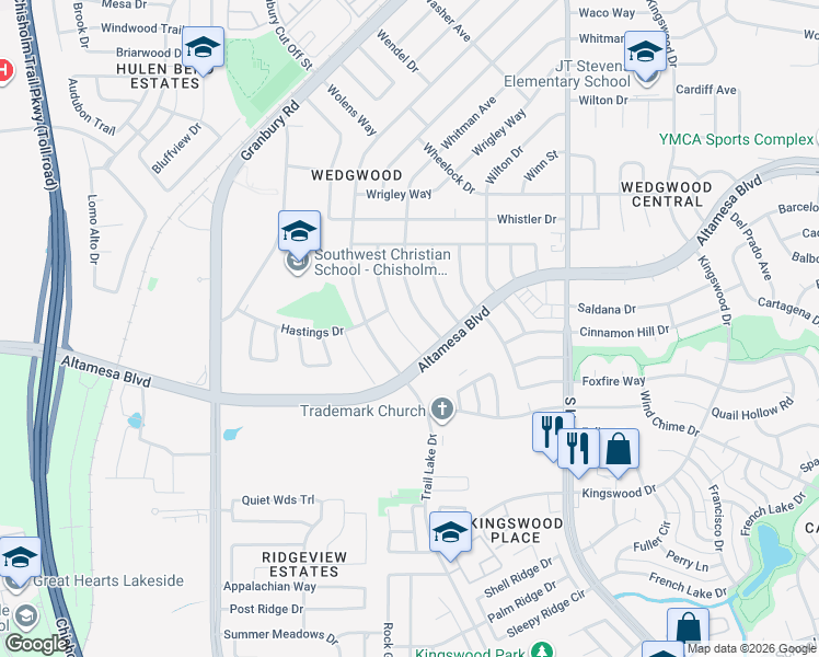 map of restaurants, bars, coffee shops, grocery stores, and more near 6912 Winifred Drive in Fort Worth