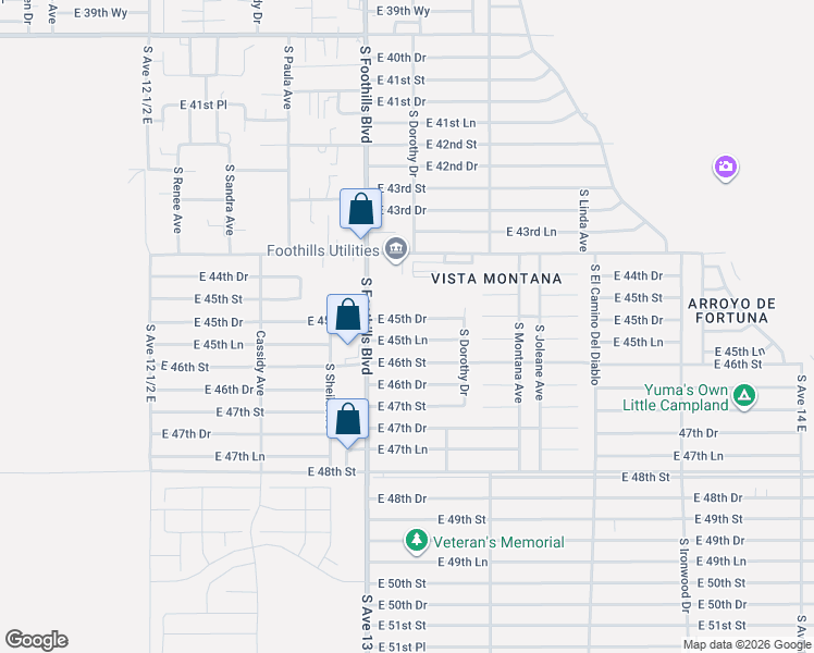 map of restaurants, bars, coffee shops, grocery stores, and more near 13182 East 45th Lane in Yuma