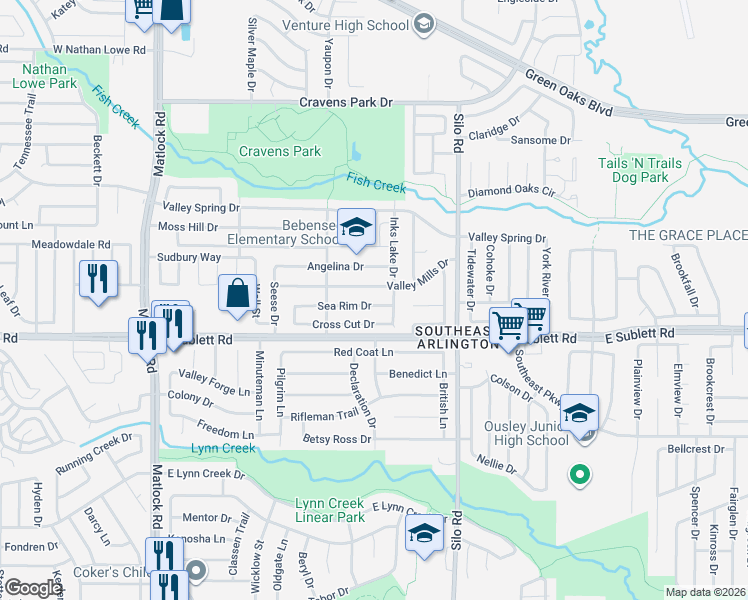 map of restaurants, bars, coffee shops, grocery stores, and more near 528 Sea Rim Drive in Arlington