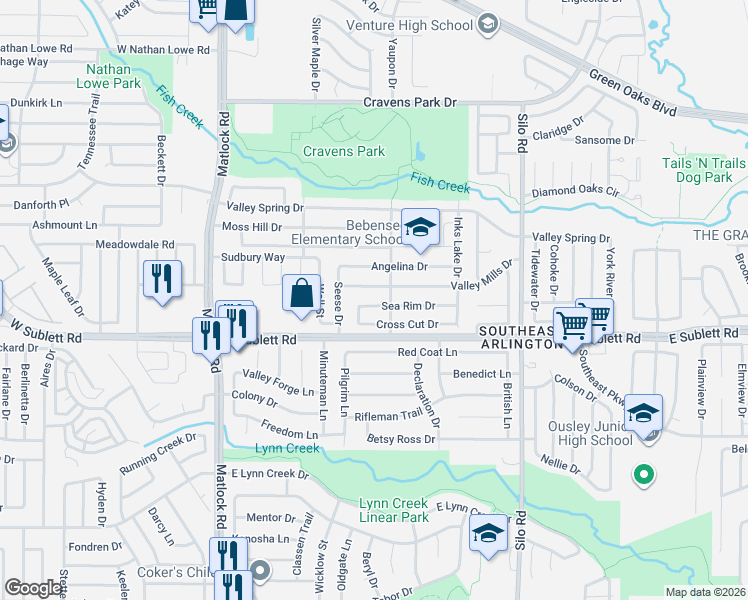 map of restaurants, bars, coffee shops, grocery stores, and more near 410 Sea Rim Drive in Arlington