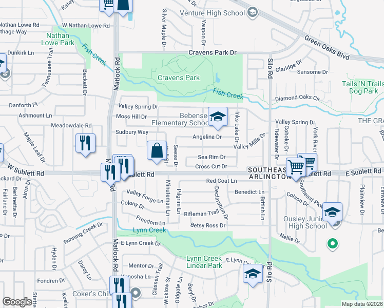 map of restaurants, bars, coffee shops, grocery stores, and more near 410 Sea Rim Drive in Arlington