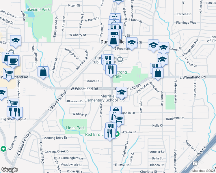 map of restaurants, bars, coffee shops, grocery stores, and more near 115 West Wheatland Road in Duncanville