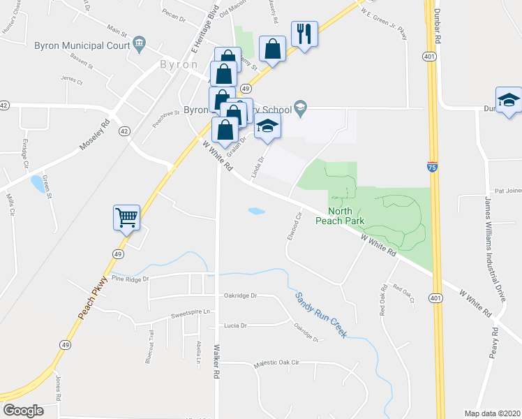 map of restaurants, bars, coffee shops, grocery stores, and more near 262 West White Road in Byron