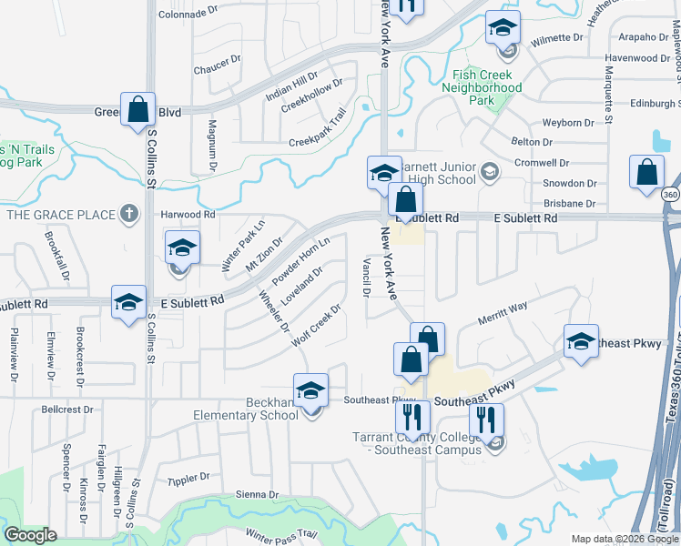 map of restaurants, bars, coffee shops, grocery stores, and more near 1714 Wolf Creek Drive in Arlington