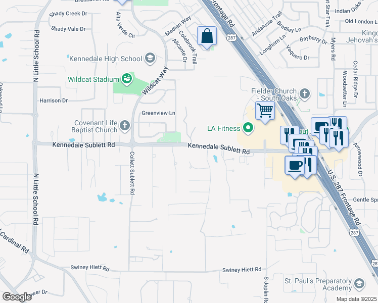 map of restaurants, bars, coffee shops, grocery stores, and more near 1255 Wendy Court in Kennedale