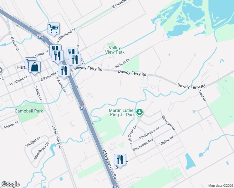 map of restaurants, bars, coffee shops, grocery stores, and more near 1208 Dowdy Ferry Road in Hutchins