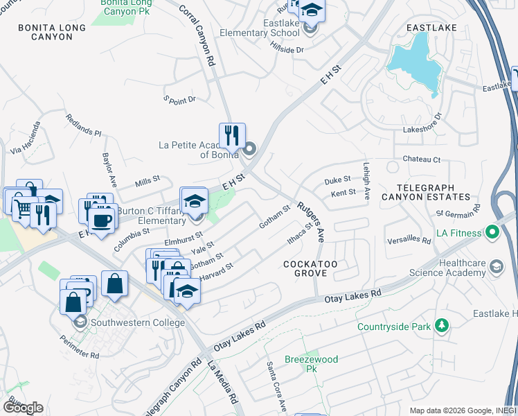 map of restaurants, bars, coffee shops, grocery stores, and more near 1823 Gotham Street in Chula Vista